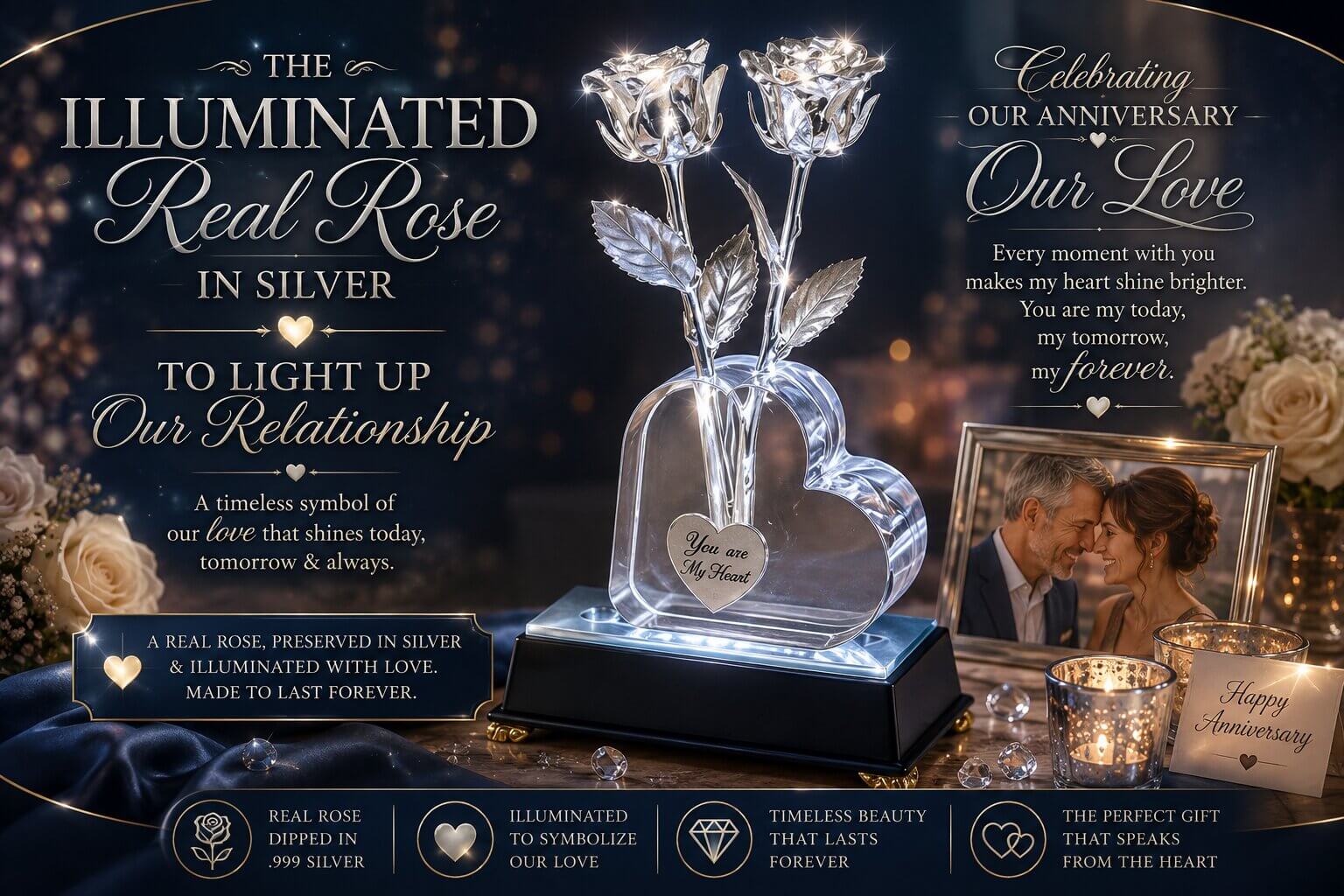 An illuminated silver-dipped real rose in a crystal heart vase, presented as a romantic anniversary gift.